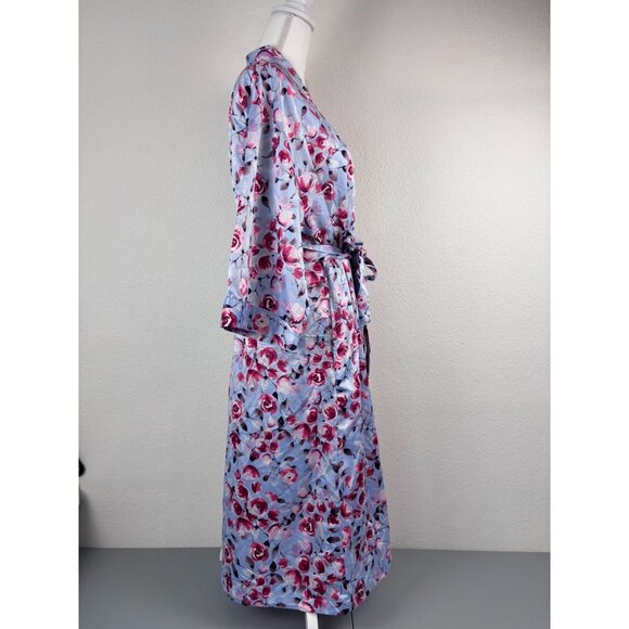 Cabernet women's medium blue floral mid length satin kimono long sleeve robe - Picture 5 of 8